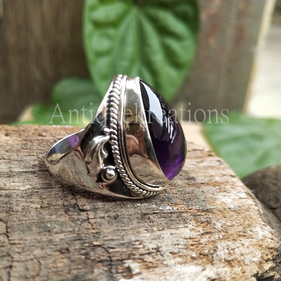 Bague en argent 925 larme amethyste violette naturelle Bague pierre de naissance de fevrier Bague pierre gemme violette Bague feuille d amethyste aspect vintage violet Etsy France