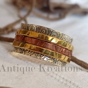 Textured Three Tone Spinner Ring, Sterling Silver Spinning Ring, Handmade Meditation Ring, Anniversary Gift,  Fidget Ring, Gift For Her