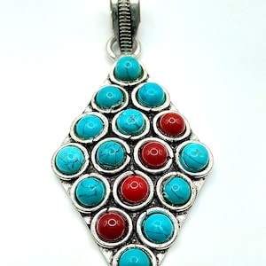 Turquoise and Red Coral Statement Pendant Necklace, Handmade Turquoise & Coral Gemstone Pendant, Turquoise and Coral Jewelry for Women
