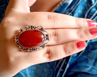 Sterling Silver Carnelian Ring: Oval Red Stone Statement Ring
