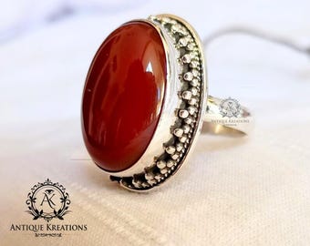 Sterling Silver Carnelian Ring: Oval Red Stone Statement Jewelry