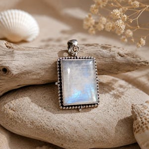 925 Sterling Silver Rainbow Moonstone Pendant, Large Rectangle Necklace