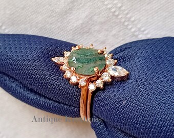 Moss Agate & Cubic Zirconia Ring: 925 Sterling Silver Engagement Ring