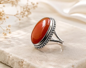 925 silver carnelian ring, large oval red stone ring, anniversary gift for her