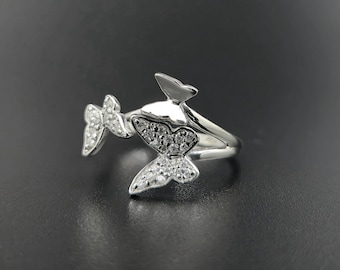 Anillo de plata de ley con mariposa de circonita cúbica, joyería ajustable con forma de mariposa.