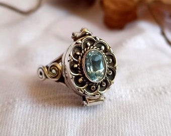 Blue Topaz Locket Ring, Sterling Silver Bali Poison Ring, Keepsake Ashes Holder
