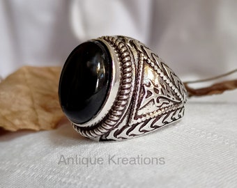Vintage Black Onyx Sterling Silver Ring - Statement Ring For Him