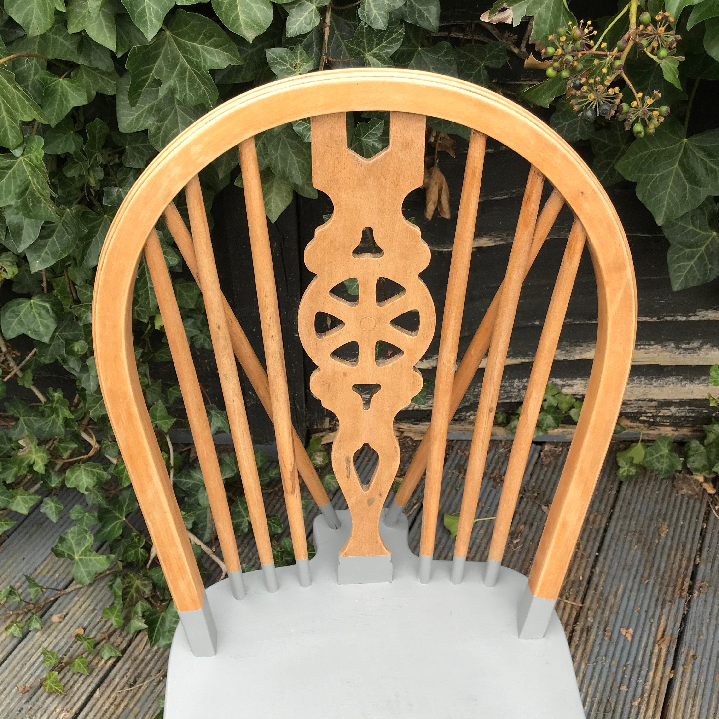 Vintage wheel back wooden natural wood chair with grey sating Etsy