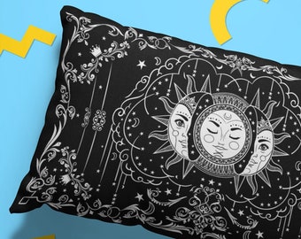 Moslion Sun Moon Pillow Cover Decorative Sun and Moon with Many Fractal Faces Celestial Energy Mystic Throw Pillow Case 18x18 Inch Cotton Linen Cushion Cover for Men Women Navy Blue Yellow