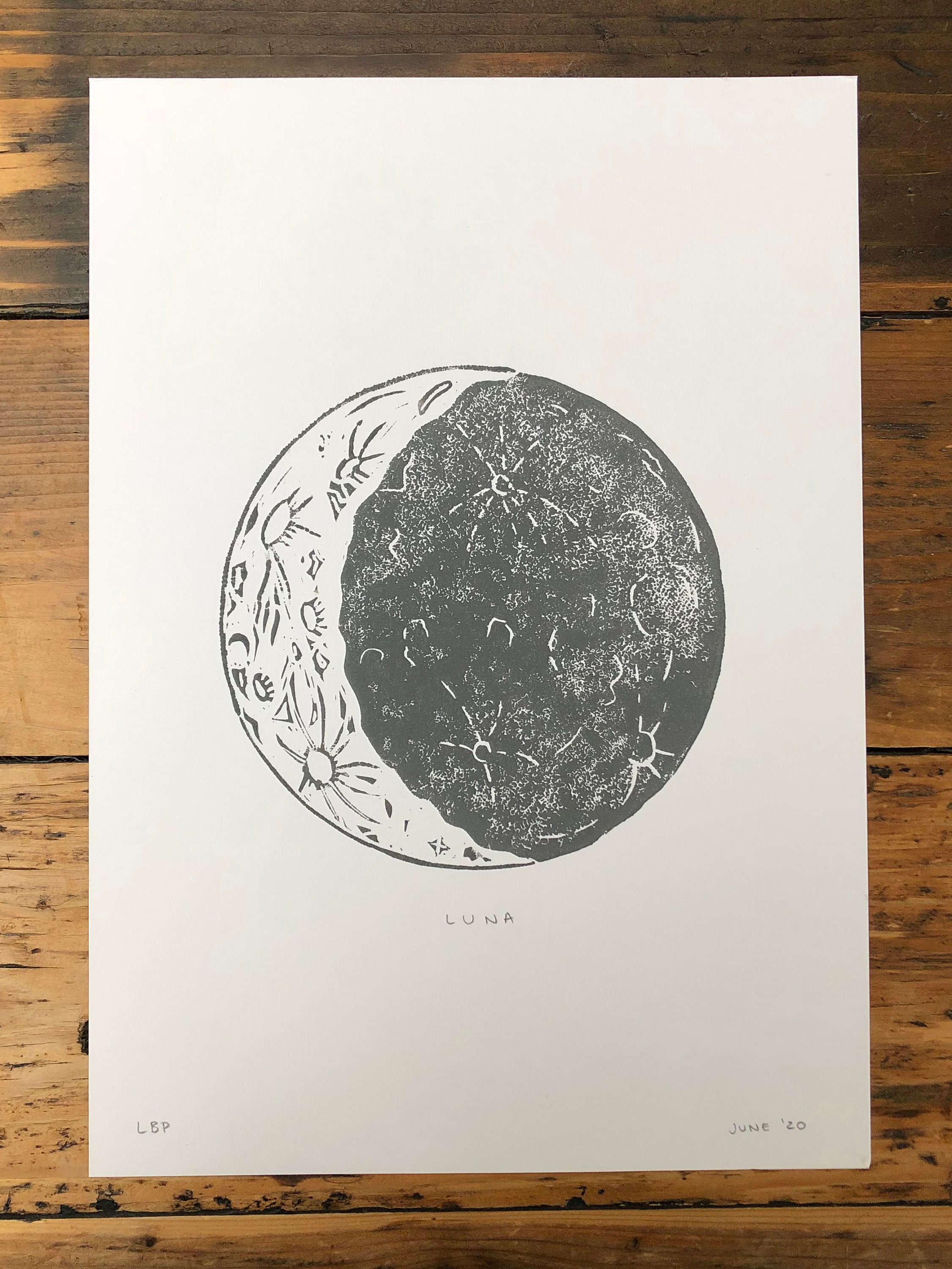 Moon linocut print