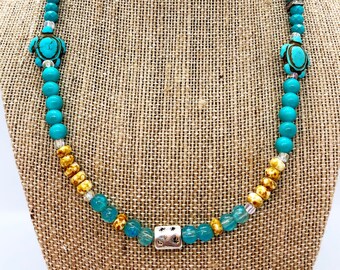 Lariat Necklace Painted Porcelain Bead Dragonfly Turquoise Brown and White Beaded Necklace N30