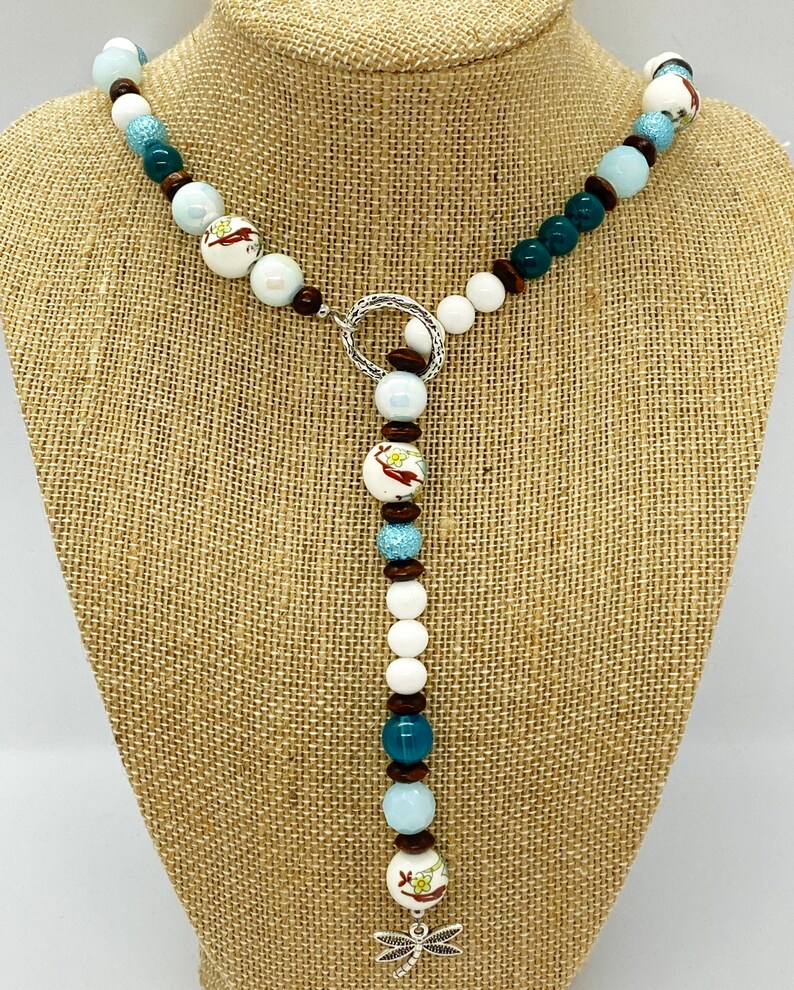 Lariat Necklace Painted Porcelain Bead Dragonfly Turquoise Brown and White Beaded Necklace N30