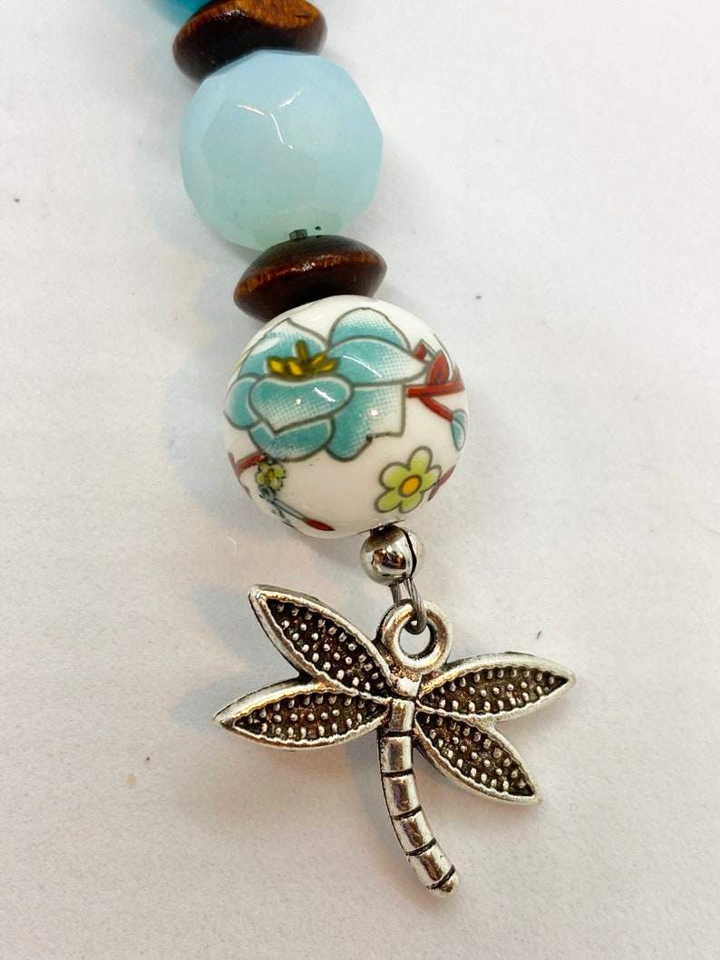 Lariat Necklace Painted Porcelain Bead Dragonfly Turquoise Brown and White Beaded Necklace N30