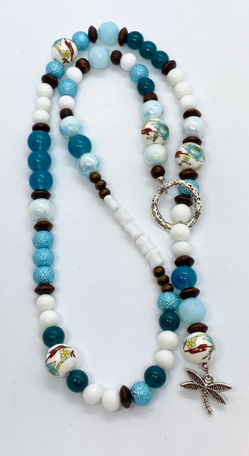 Lariat Necklace Painted Porcelain Bead Dragonfly Turquoise Brown and White Beaded Necklace N30