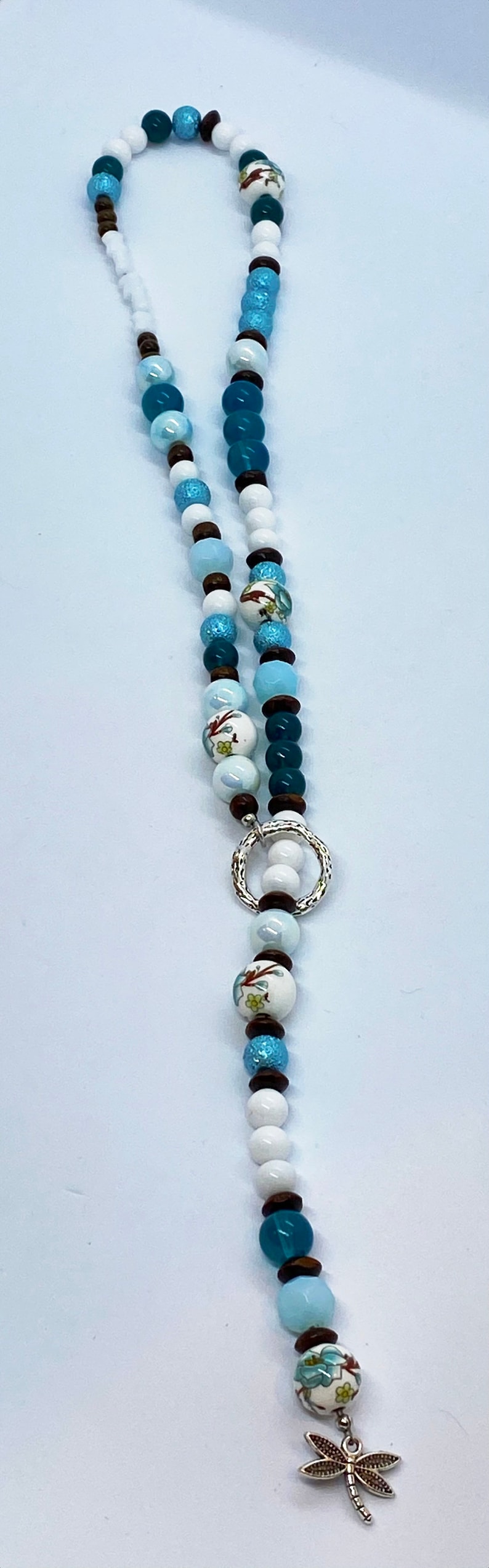 Lariat Necklace Painted Porcelain Bead Dragonfly Turquoise Brown and White Beaded Necklace N30