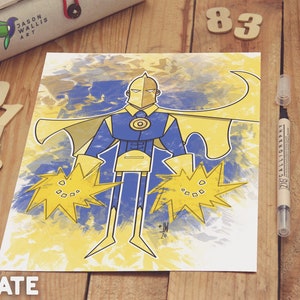 May include: A digital illustration of Dr. Fate, a superhero with a yellow helmet, blue suit, and yellow cape. He is holding out his hands, which are glowing yellow. The background is a yellow and blue watercolor wash.