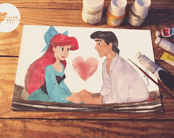 Ariel and Prince Eric Watercolor Art Print, Disney Decor, Heart, Little Mermaid Nursery Art, Disney Nursery Art, Princess Print, Kids Room