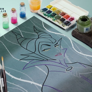 Maleficent Line Art Print, Disney, Kids Room Art, Maleficent Nursery Art, Disney Art, Villain Print, Paint, Retro, Sleeping Beauty