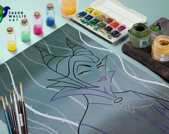 Maleficent Line Art Print, Disney, Kids Room Art, Maleficent Nursery Art, Disney Art, Villain Print, Paint, Retro, Sleeping Beauty