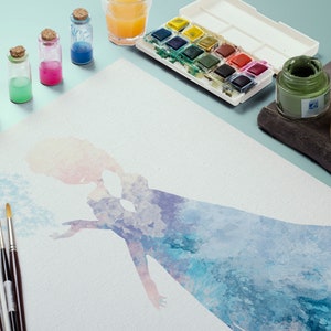 May include: A watercolor painting of a woman in a blue dress, with a variety of paintbrushes, watercolor paints, and jars of paint on a light blue surface.