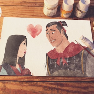 Hua Mulan Watercolor Art Print, Li Shang, Disney Decor, Heart, Mulan Art, Disney Nursery Art, Princess Print, Kids Room, Disney Princess