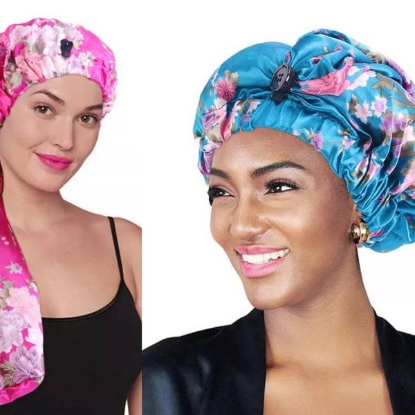 Long Satin Floral Print Silky Locs, Braids Bonnet Sleep Cap| Long Satin Lined Snap Button Bonnet