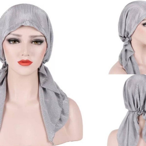 Ruffle Headscarf Chemo Cap, Women Satin Silk Head Scarves Bonnet Wraps, Pre-Tied Ruffle Solid Headscarf Turban