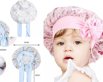 Kids Adjustable Print Satin Bonnet With Tie Warp - Kids Floral Night Sleep Cap - Baby Girls Wide Turban Bonnets