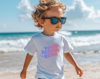 Kids TShirt Mockup, Toddler Boy Mockup, Bella Canvas Kids White Shirt Mockup, Gildan Lifestyle Summer Beach Blank Boho Tee T-Shirt Template