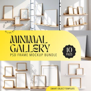Minimal Gallery Frame Mockup PSD Bundle | Wall Art Poster Mockup with Natural Wood Frames | Smart Object Template | Digital Display