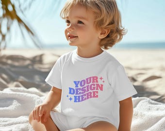 Kids TShirt Mockup, Toddler Boy Mockup, Bella Canvas Kids White Shirt Mockup, Gildan Lifestyle Summer Beach Blank Boho Tee T-Shirt Template