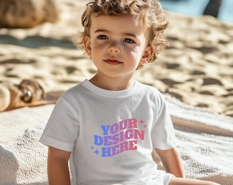 Kids TShirt Mockup, Toddler Boy Mockup, Bella Canvas Kids White Shirt Mockup, Gildan Lifestyle Summer Beach Blank Boho Tee T-Shirt Template