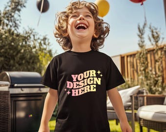 Kids TShirt Mockup, Toddler Boy Summer Party Mockup, Bella Canvas Kids Black Shirt Mockup, Gildan Lifestyle Blank Tee T-Shirt Template