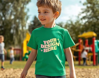 Kids TShirt Mockup, Toddler Boy Mockup, Bella Canvas Kids Green Shirt Mockup, Gildan Lifestyle Summer Playground Blank Tee T-Shirt Template