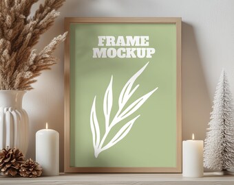 Holiday Frame Mockup | Christmas Frame Mockup |  Wall Art Mockup | Wood Mockup Frame | Festive Frame Mockup, Frame Mockup, PSD PNG