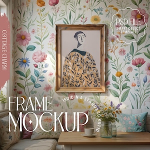 Cottagecore Frame Mockup PSD – Digital Wall Art Template with Smart Object | High Resolution Rustic Frame Mock-Up for Artwork & Prints