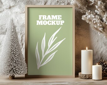 Holiday Frame Mockup | Christmas Frame Mockup |  Wall Art Mockup | Wood Mockup Frame | Festive Frame Mockup, Frame Mockup, PSD PNG