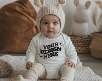 Baby Onesie Mockup, Gildan Cotton White Infant Bodysuit Mock up, Baby Model Mock up, Child Lifestyle Blank Bodysuit Mockup Template