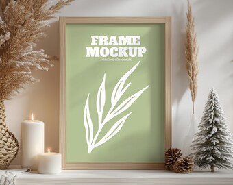 Holiday Frame Mockup | Christmas Frame Mockup |  Wall Art Mockup | Wood Mockup Frame | Festive Frame Mockup, Frame Mockup, PSD PNG
