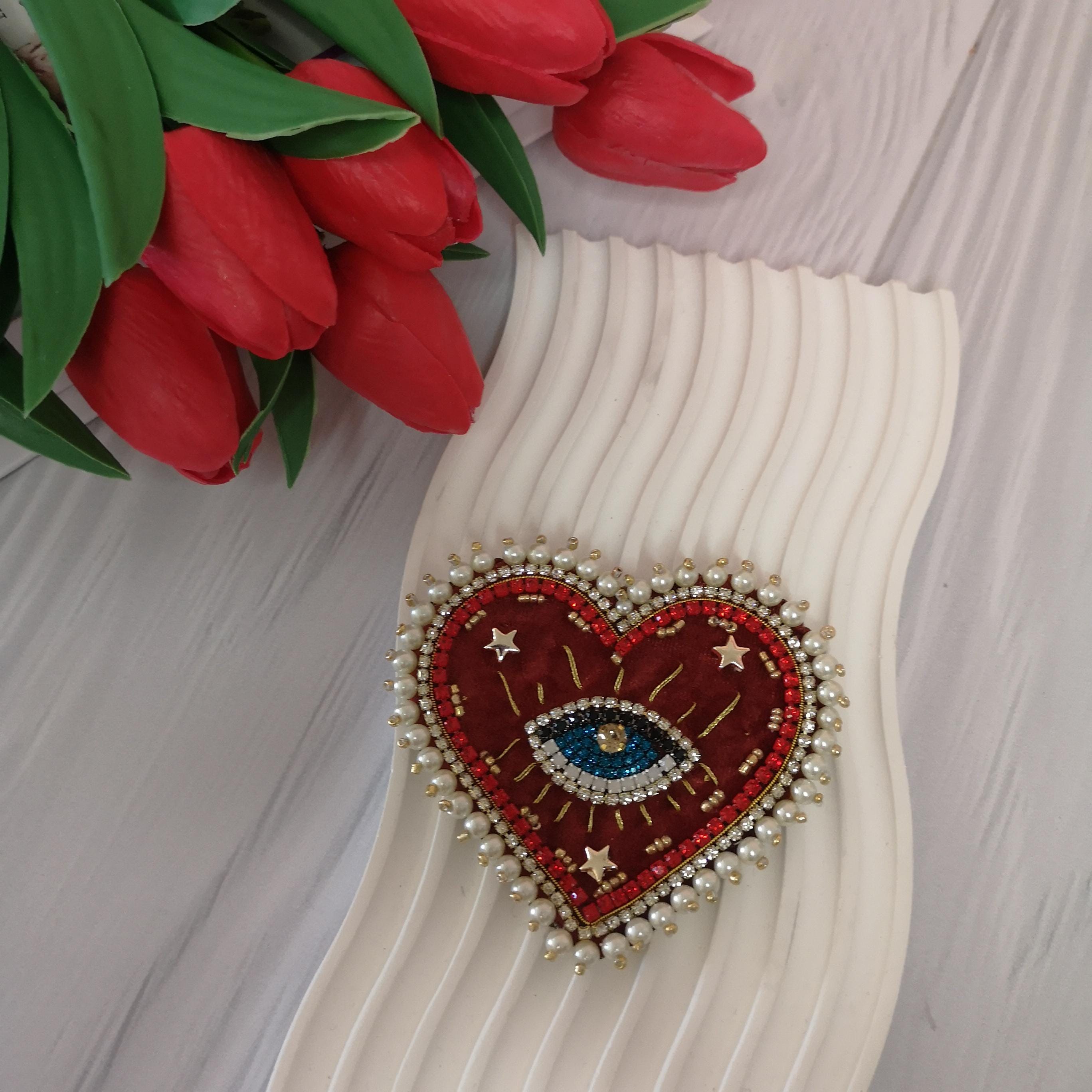 Handmade Velvet Heart Brooch - Eye and Pearl Detailed - Mother's Day gift - Women's Day gift-