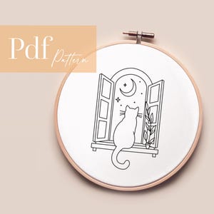 May include: A black and white line drawing of a cat sitting in a window looking out at a crescent moon and stars. The window is open and there is a plant in a pot on the windowsill. The drawing is on a white background.