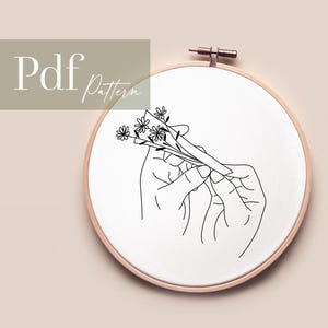 Könnte beinhalten: Eine Schwarzweiß-Zeichnung einer Hand, die einen Blumenstrauß hält. Die Zeichnung befindet sich auf weißem Hintergrund und ist in einem hölzernen Stickrahmen eingefasst.