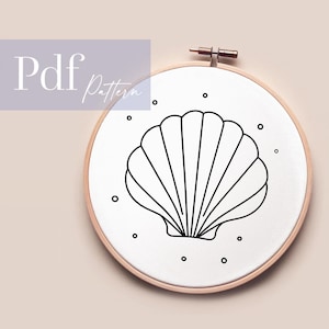 May include: A white embroidery hoop with a black line drawing of a seashell with a dotted background. The text "Pdf Pattern" is in the upper left corner of the image.