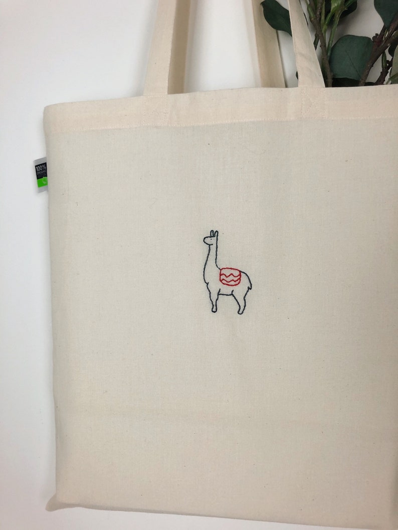 Hand embroidered organic jute bag with Lama motif fabric bag pouch jute bag tote bag fabric bag