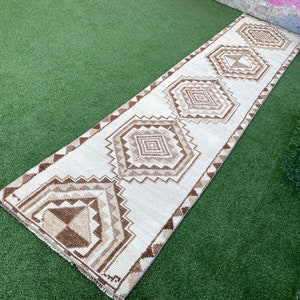 Long Turkish Runner, Neutral Long Runner, White Brown Runner, Hallway Runner, 3x12 Oushak Runner, Vintage Runner Rug