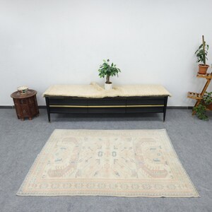 Soft Oushak Wool Rug, Peach Beige Boho Area Rug, 4x6 Vintage Turkish Rug, Pastel Oriental Rug, Light Tribal Style Rug