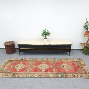 Red Runner Rug, Hand Knotted Vintage Hallway Rug, Oushak Runner, Short Narrow Runner, 3x10 Turkish Runner