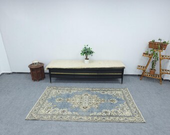 Vintage Navy Blue Oushak Rug, Floral Turkish Wool, Boho Area Rug (4x7)