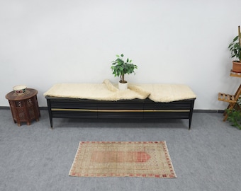 Vintage Oushak Wool Rug, Khaki and Red Small Turkish Rug (2x4)