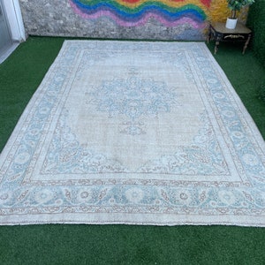 Large Soft Boho Floor Rug, Turkish Oushak Rug, Beige Blue Vintage Rug, 8x11 Pastel Rug, Antique Oversize Rug, Living Room Rug